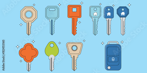Colorful keys collection, modern key fob, house keys, vintage designs, security icons, flat style, isolated, vector art, locksmith tools, flat vector illustration