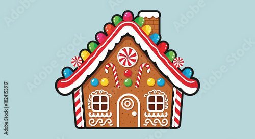 Cute gingerbread house decorated with colorful candy and icing