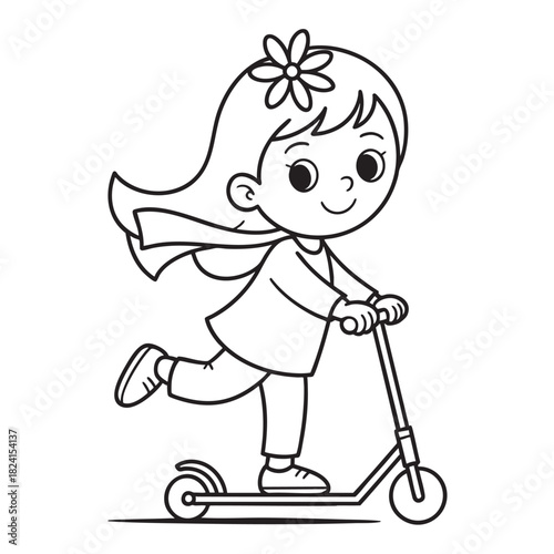 Outline drawing of a happy girl with long hair and scarf riding a scooter child