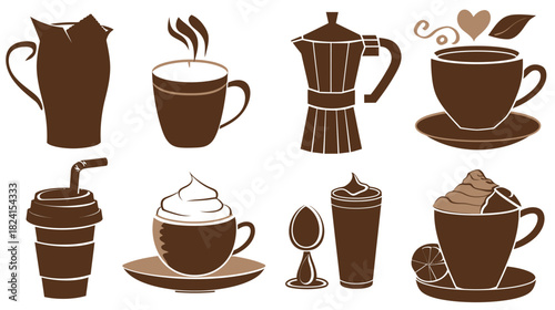 Vector illustration of coffee chocolate and hot beverages drinks set, featuring cups mugs and cocoa, warm café drink collection in clean flat design style for menu branding and food projects