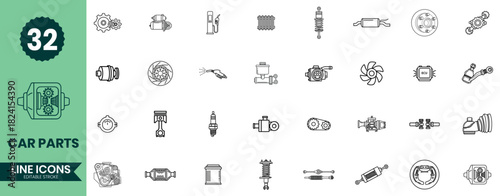Car Parts Line Icons Set  Auto Spare Parts, Vehicle Components, Mechanical System Outline Icon Pack