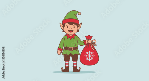 Cute cartoon christmas elf holding a red gift sack with snowflake