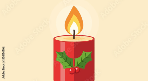 Illustration of a burning red christmas candle decorated with holly