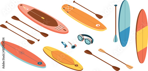 Flat isometric illustration of paddle boards and accessories, colorful stand up paddle gear with paddles, surfboards, goggles, and water sport equipment