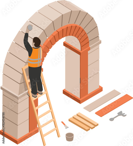 Isometric construction worker building stone arch, masonry structure assembly, ladder work, architectural restoration, builder installing blocks in archway
