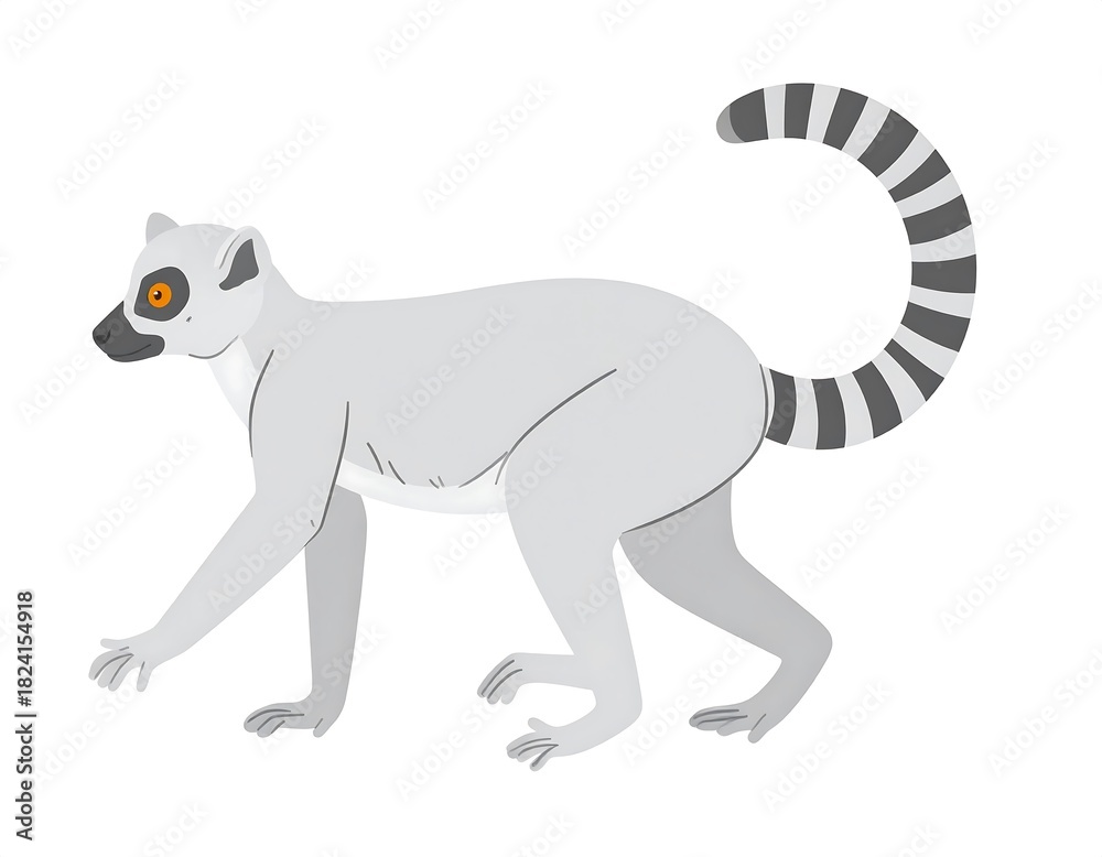 Obraz premium Stylized lemur, light gray with a striped tail, walking on white, single orange eye detail, cartoon design
