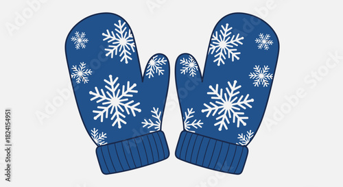 Pair of blue winter mittens with white snowflake pattern isolated on