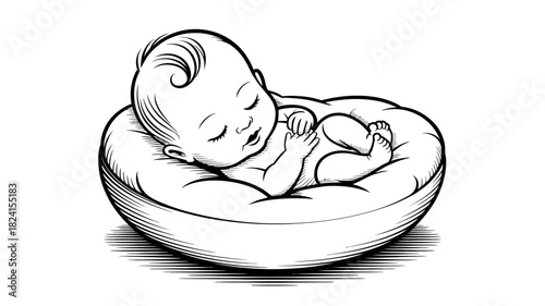 A peaceful baby sleeps soundly in a soft, rounded bed, representing innocence and new beginnings.