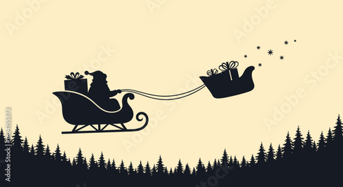 Silhouette of santa claus riding sleigh with gift over forest