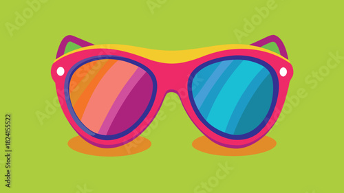 Vibrant rainbow lens sunglasses against a bright green background