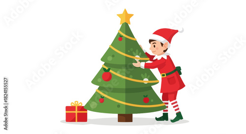 Christmas elf decorating a festive tree with a gift box isolated on