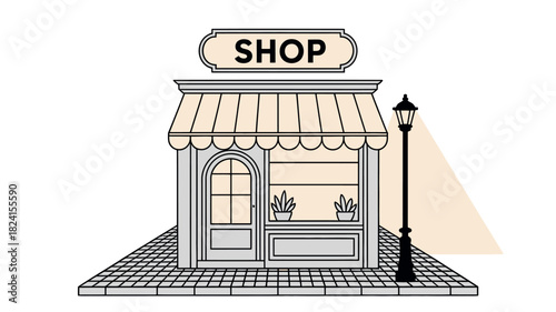 A charming storefront with a 'SHOP' sign and a lamppost stands on a brick sidewalk, evoking a sense of small-town commerce.