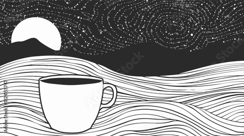 Vector coffee cup illustration in black line art style, minimal outline drawing of hot beverage mug, clean monochrome design for cafe menu, logo, icon, and branding use
