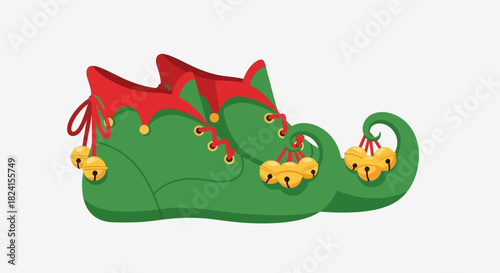 Pair of green elf shoes with red trim and yellow jingle bells