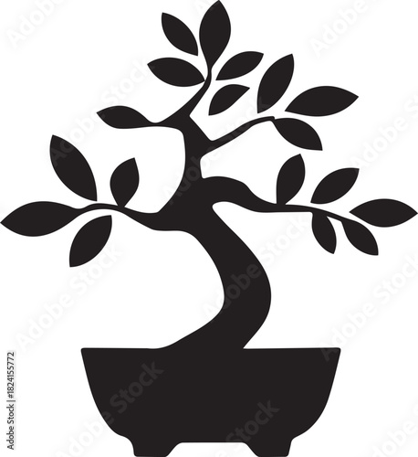 Minimal silhouette style vector bonsai pot logo design featuring clean shapes, black color artwork, elegant nature branding, modern plant icon, minimalist tree illustration ideal for gardening busines