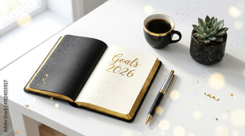 Open notebook with Goals 2026 text on a white desk with coffee and a plant. Elegant New Year resolutions concept with gold details, pen, and festive confetti.
