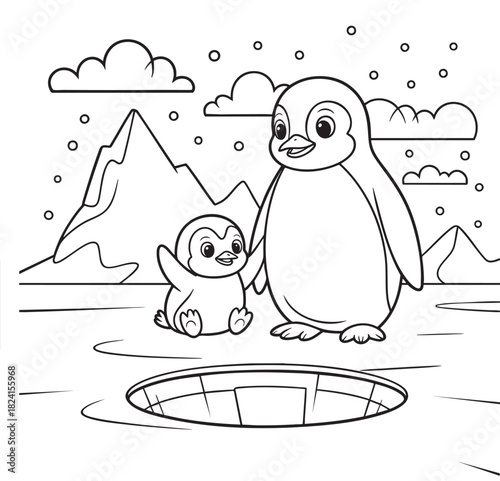 Two cartoon penguins standing on an ice floe with mountains and clouds in the background chick baby