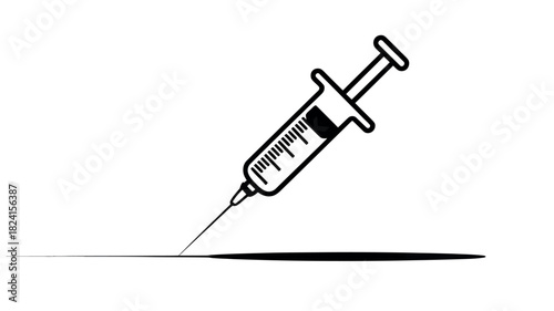 A stark black and white illustration depicts a medical syringe with a needle poised to deliver a substance.