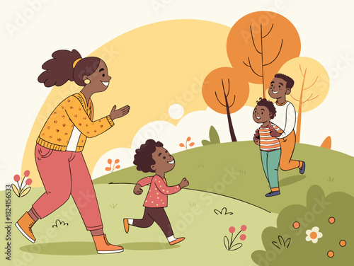 Children playing happily in the park in a cute cartoon illustration