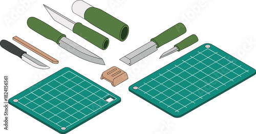 Isometric illustration of craft knives and cutting mats, detailed carving tools, utility blades, woodworking knives, and hobby cutting equipment