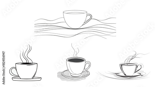 Vector coffee cup illustration in black line art style, minimal outline drawing of hot beverage mug, clean monochrome design for cafe menu, logo, icon, and branding use