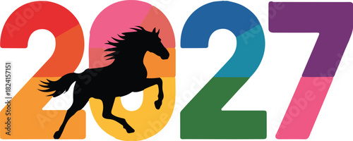 Colorful year 2027 vector number with a galloping horse silhouette replacing the zero for zodiac celebrations