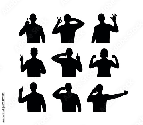 Silhouettes of a person's upper body performing various hand gestures and poses against a white background, illustrating communication and action.