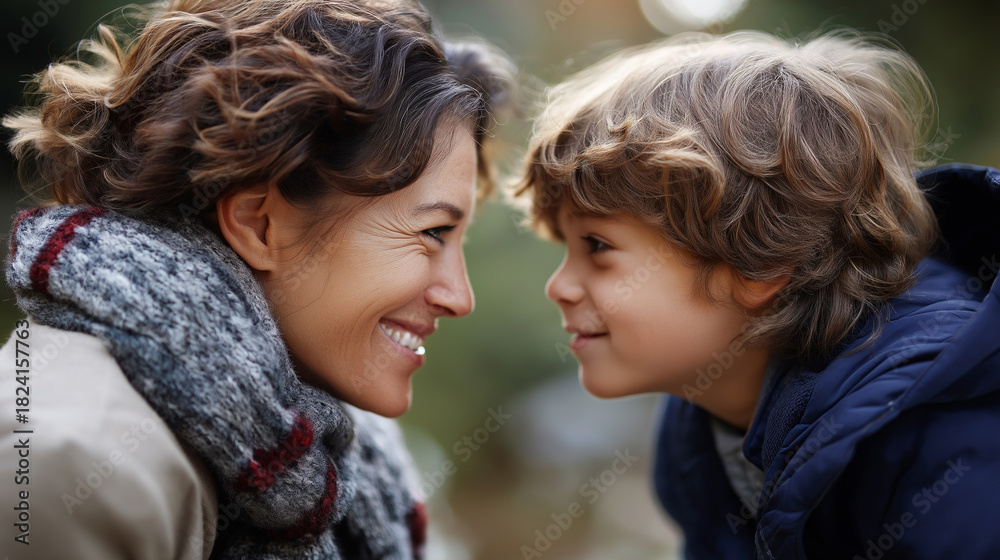 Obraz premium Individual and young youngster share warm moment outdoors faceless pair defocused natural background smiling at each other scene parent child connection visualization family