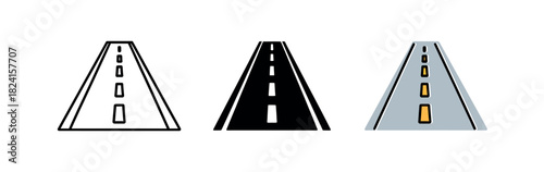 A stylized representation of a road with varying styles including outline, solid black, and colored variants.