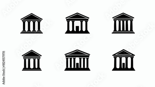 Set of diverse architectural building icons representing financial and governmental institutions