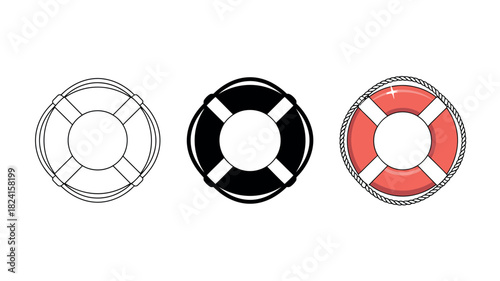 A line of three distinct life preservers, each with a unique style, are presented on a clean white background, highlighting their safety features.