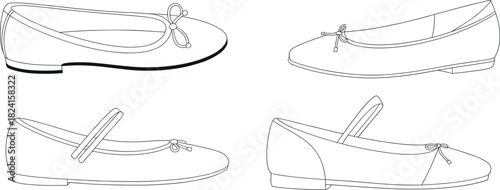 Women ballet flat shoes technical line art set, footwear design blueprint style cad drawing flat vector illustration for fashion projects