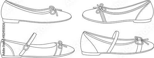 Women ballet flat shoes technical line design set, fashion footwear collection blueprint style cad drawing flat vector illustration for product and apparel design