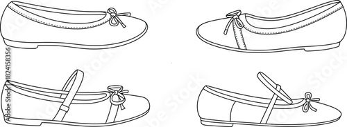 Women ballet flat shoe designs technical line art set, footwear blueprint fashion concept cad drawing flat vector illustration template collection