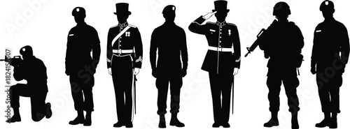 Military soldier silhouettes set in different poses, army uniform forces illustration, black flat vector icons for defense design projects