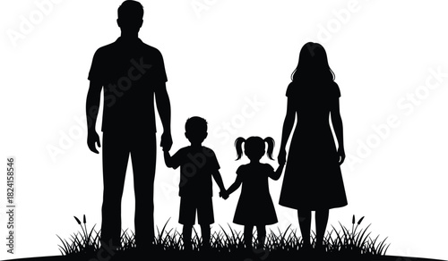 Family silhouette with parents and two children holding hands on grass, love and unity black vector illustration concept