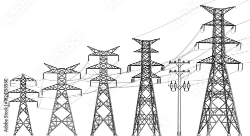 High voltage transmission towers and power lines infrastructure, electric grid engineering black line vector illustration for industrial and utility projects