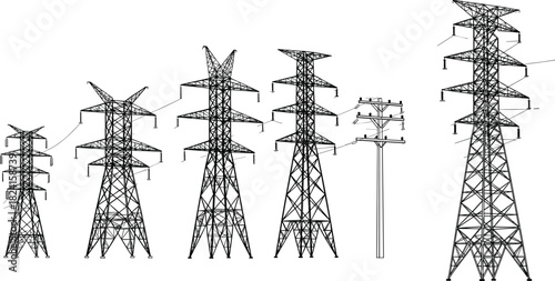 Electric transmission tower silhouettes and power line pylons collection, 