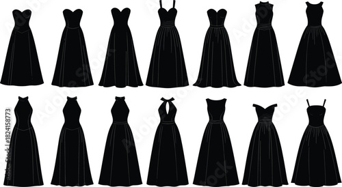 Black evening dress silhouettes collection, elegant long gowns for women fashion, minimal flat vector illustration set for design projects