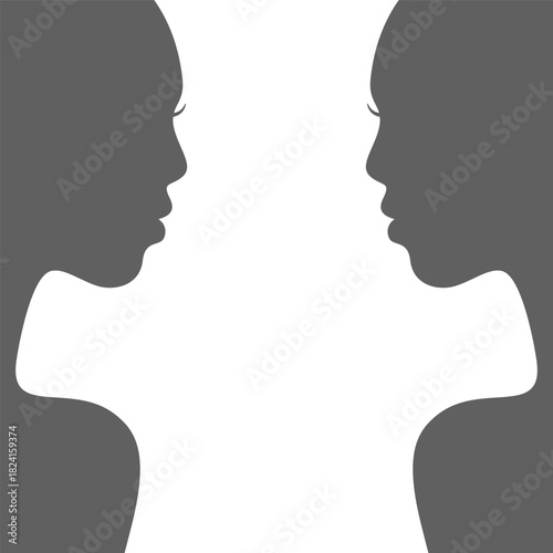 Graphic poster with two woman silhouettes. Profiles opposite each other on white background. Blank space for text between silhouettes. Vector illustration