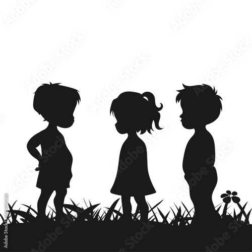 Three children stand in the grass black silhouette of children in a calm stance