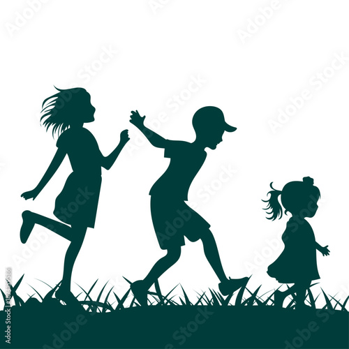 Children having fun guys running through the grass silhouette of children