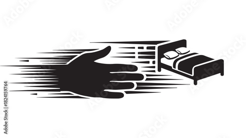 Dreamy escape awaits with hand reaching for comfort, promising relaxation and peaceful nights with cozy bed and soft pillows, perfect for sleep and rejuvenation