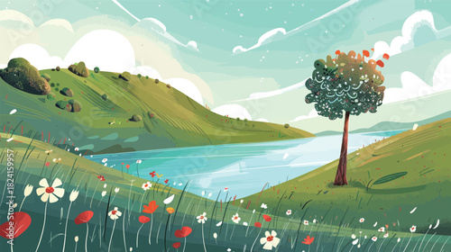 Cheerful cartoon-style landscape illustration with bright colors and playful scenery, cute hills trees and sky, joyful outdoor nature scene in a friendly flat design style for kids education 
