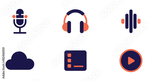 Podcast equipment icons microphone, headphones, sound wave, cloud, playlist, and play button perfect for podcasting, audio recording, and streaming content creation