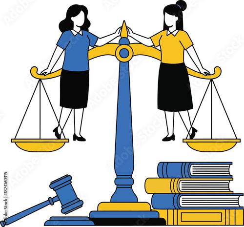 Two women standing on justice scale with gavel and law books symbolizing gender equality in legal system
