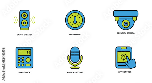 Smart home automation technology concept with smart speaker, thermostat, security camera, smart lock, voice assistant, and app control