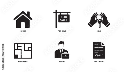 Real estate icons representing house, for sale sign, keys, floorplan, agent, and document perfect for illustrating property transactions
