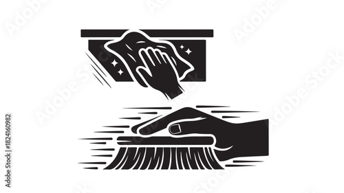 Keep your space sparkling clean with our cleaning solutions, hands wiping surfaces and sweeping floors for a spotless and fresh home, ensuring hygiene and disinfection