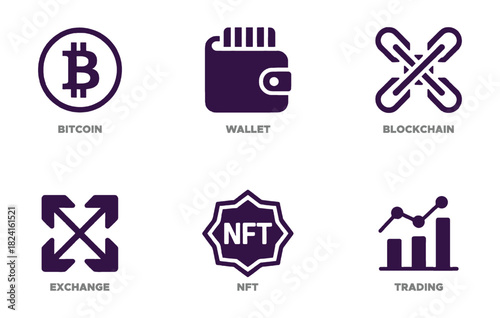 Set of cryptocurrency and blockchain icons simple flat vector glyphs for digital finance isolated on white background